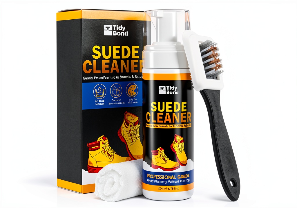 TidyBond suede cleaner bottle and brush set on a wooden table
